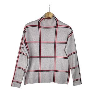 TAHARI Sweater Women's Mock Neck Windowpane Check Knitted Red Cream Medium